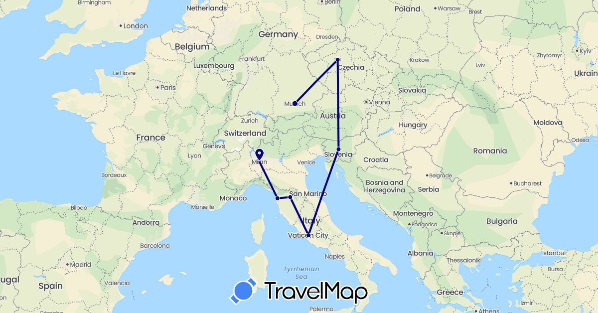 TravelMap itinerary: driving in Czech Republic, Germany, Italy, Slovenia (Europe)